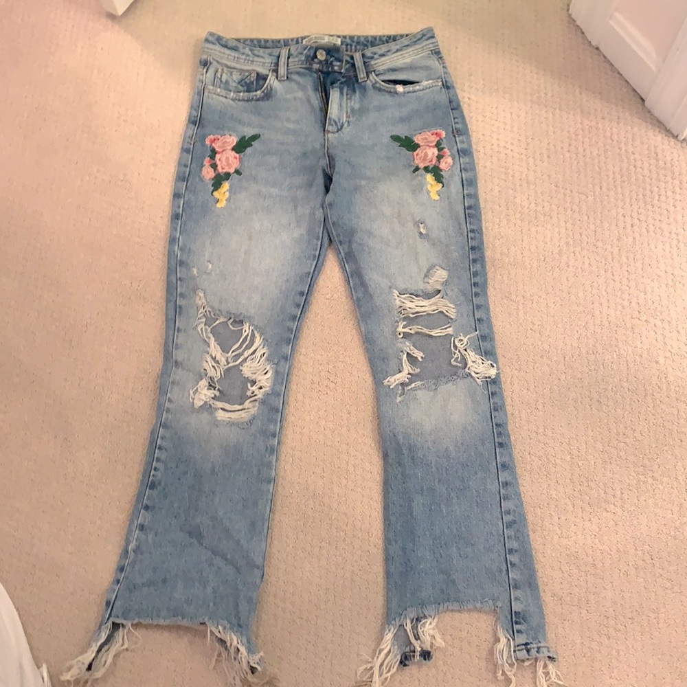 Zara flower high rise ripped jeans